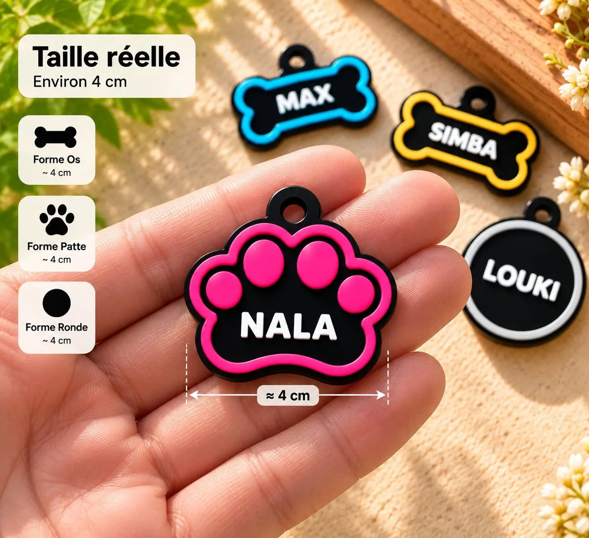 Médaille personnalisée PAW3D en forme de patte tenue dans la main, taille réelle d'environ 4 cm