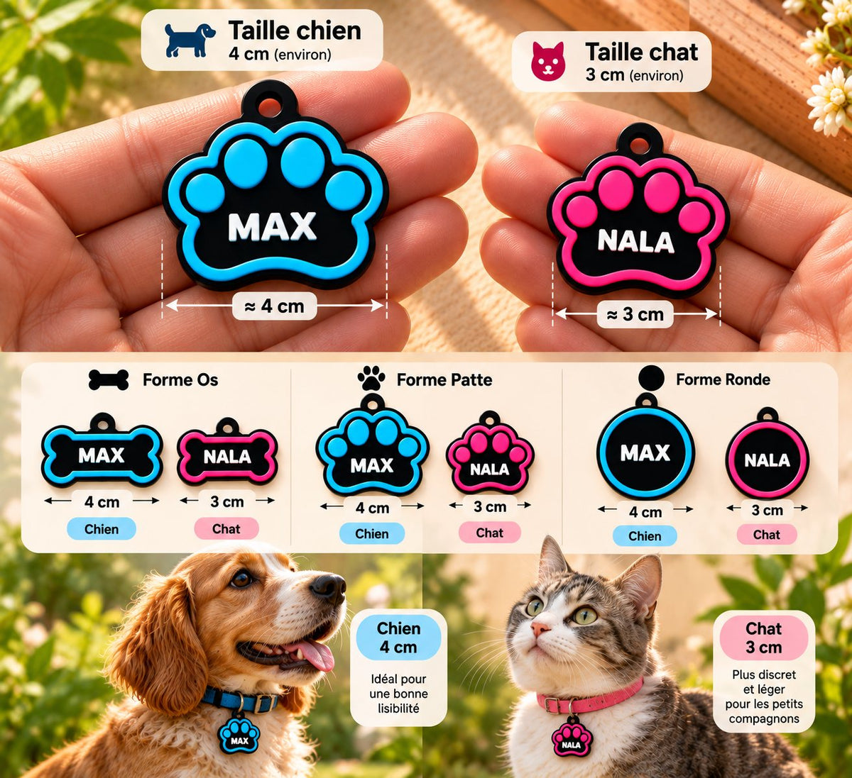 Tailles des médailles PAW3D : environ 4 cm pour les chiens et 3 cm pour les chats